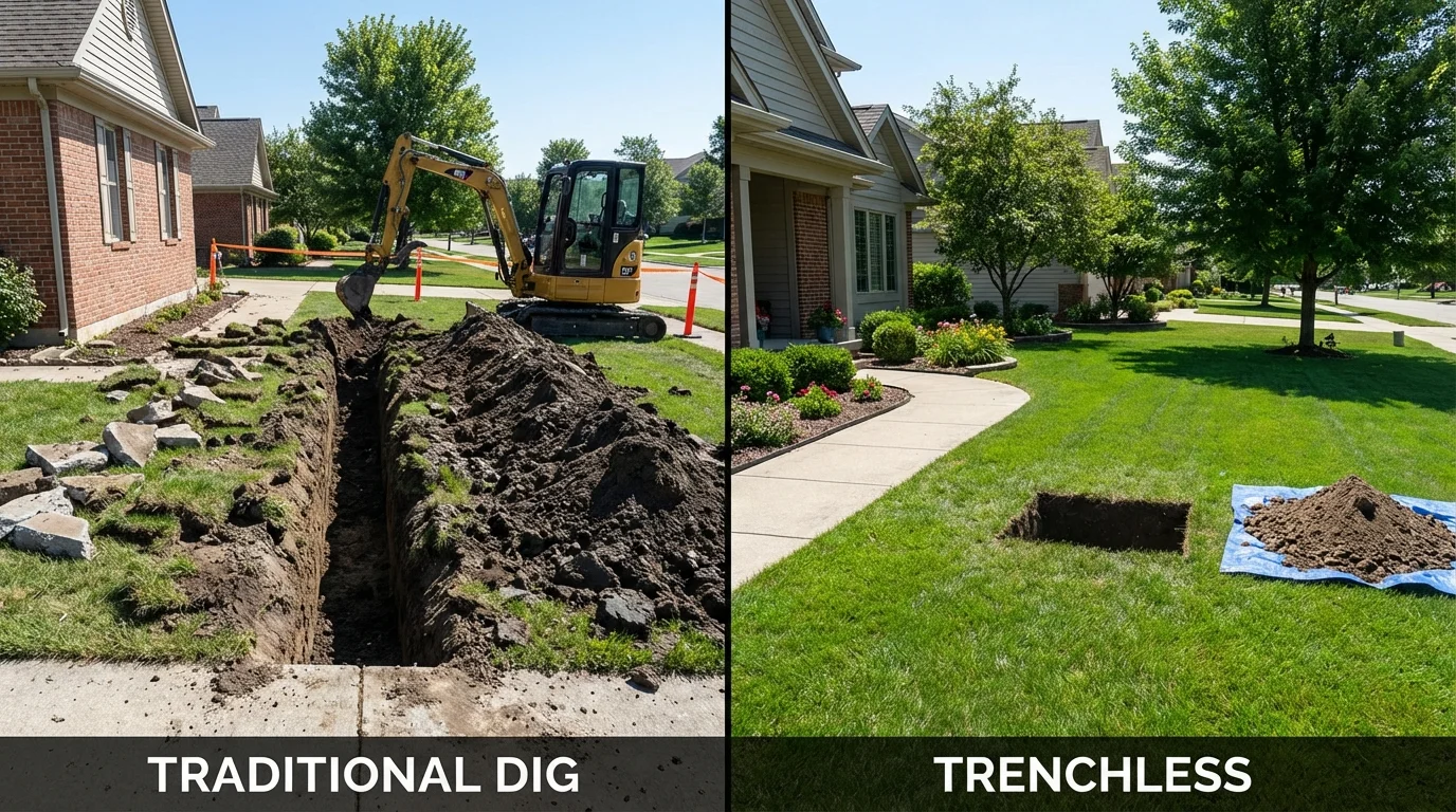 Trenchless sewer repair with minimal yard damage versus traditional excavation in West, TX